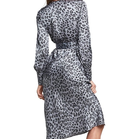 Bardot V-Neck Satin Animal Print Dress XS 0 2 4 Grey Black Silver Belted Short - Picture 2 of 7